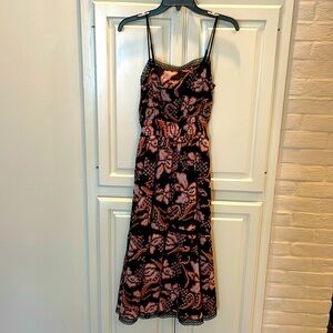 Anthropologie maxi dress size xs, black with orange, pink flowers